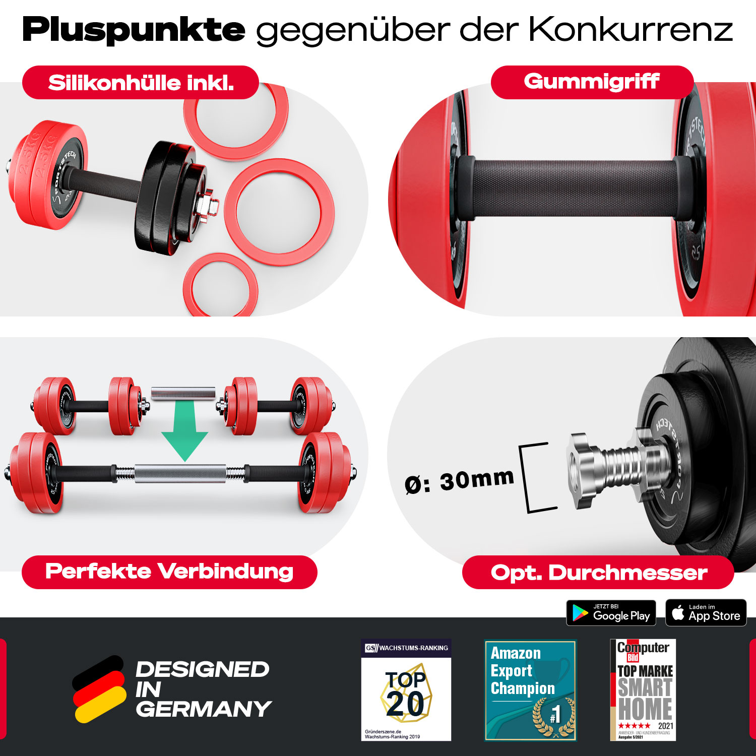 Das Bild zeigt Hantelteil, rote Platten, schwarze Griffe und silberne Verbinder mit Textüberlagerungen, darunter 'Silikonhülle inkl.'.