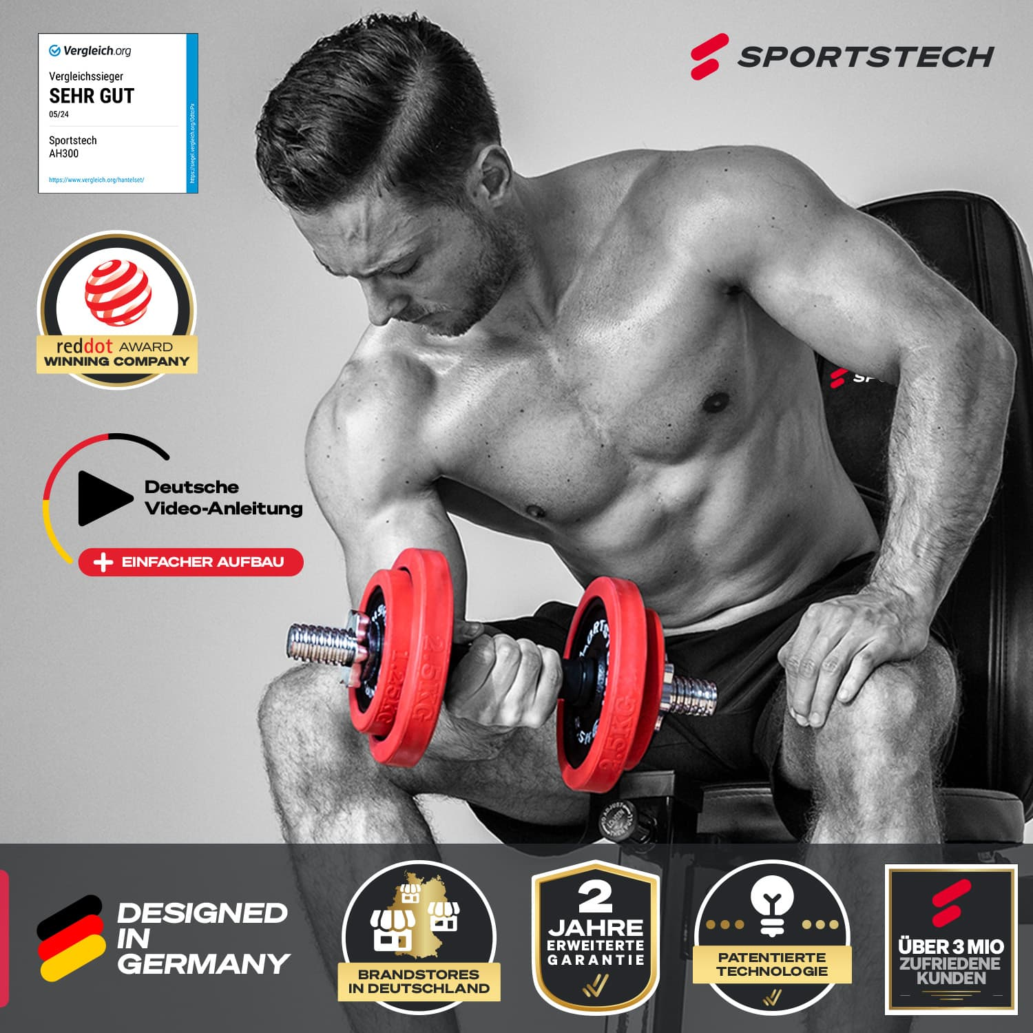 Ein Mann hebt eine rote Kurzhantel. Er ist oben ohne, sitzt und befindet sich in einer Trainingsumgebung. Text und Logos im Hintergrund.