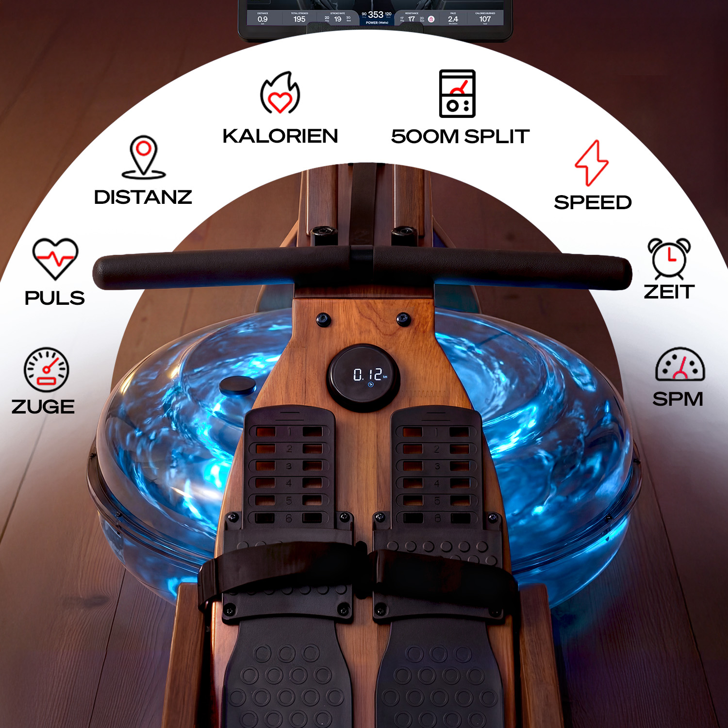 Rudergerät mit Holzmaserung, Wassertank und Digitalanzeige mit Trainingsmetriken. Symbole zeigen Distanz, Kalorien und Geschwindigkeit an.