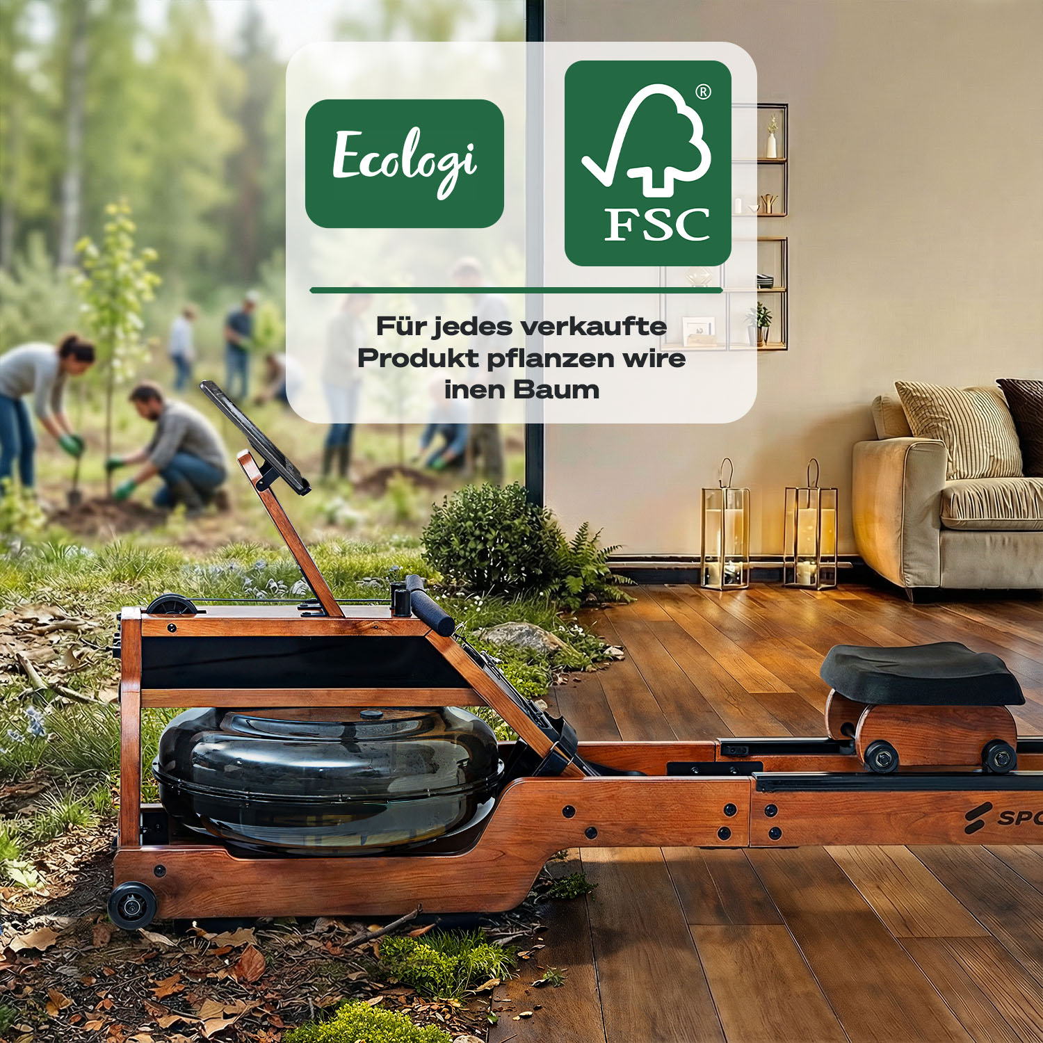 Holz-Rudergerät mit Wassertank. Menschen pflanzen im Hintergrund Bäume. Logos für Ecologi und FSC werden gezeigt.