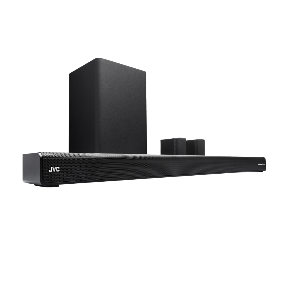 Czarny soundbar JVC z subwooferem i dwoma głośnikami satelitarnymi. Wszystko na czarnym tle.