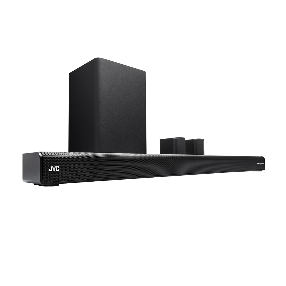 Czarny soundbar JVC z subwooferem i dwoma mniejszymi głośnikami. Soundbar ma siatkowy przód.