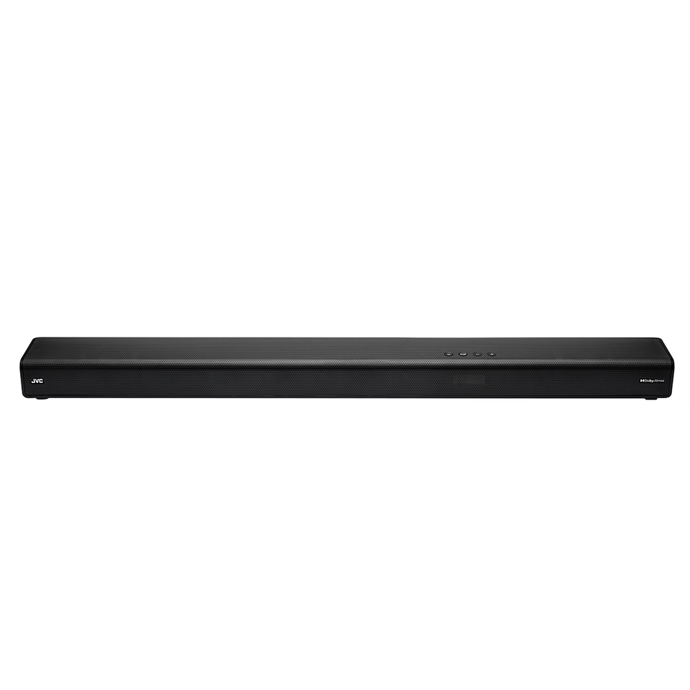 Czarny soundbar JVC jest wyśrodkowany na białym tle. Posiada siatkowy przód, przyciski sterujące i Dolby Atmos.