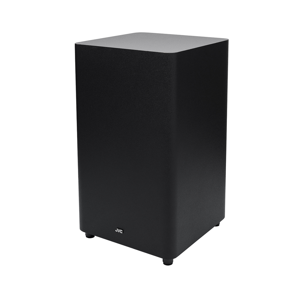 Czarny subwoofer JVC o prostokątnym kształcie. Ma płaski wierzch, zaokrąglone krawędzie i stoi na małych czarnych nóżkach.