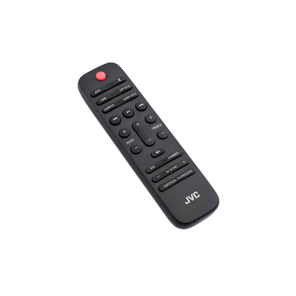 Czarny pilot JVC z różnymi przyciskami, w tym zasilania, głośności, wyboru wejścia oraz regulacji basów/sopranów, na białym tle.