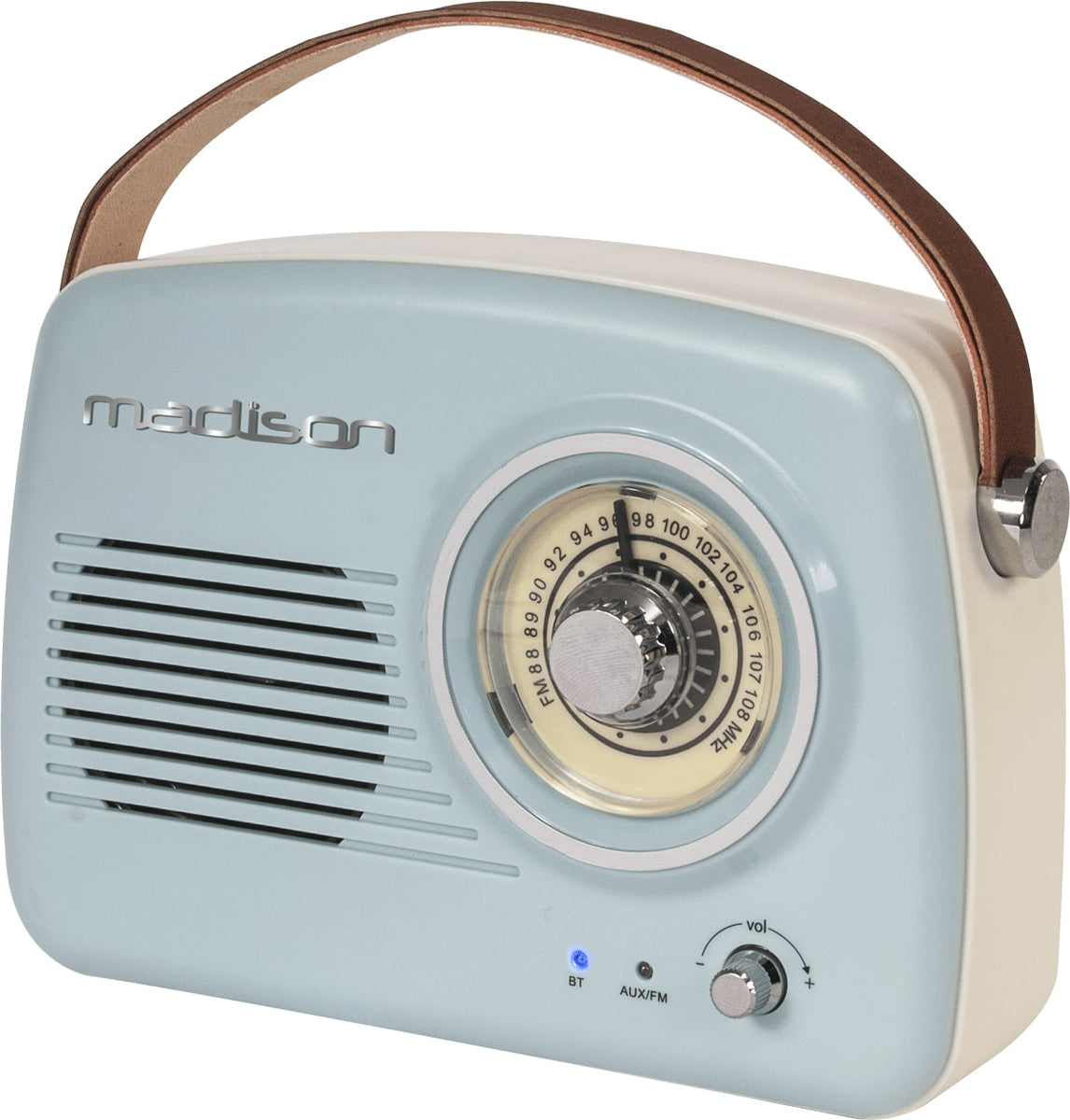Una radio vintage con corpo azzurro, parte superiore e inferiore color crema e manico in pelle marrone. Ha un quadrante e un altoparlante.