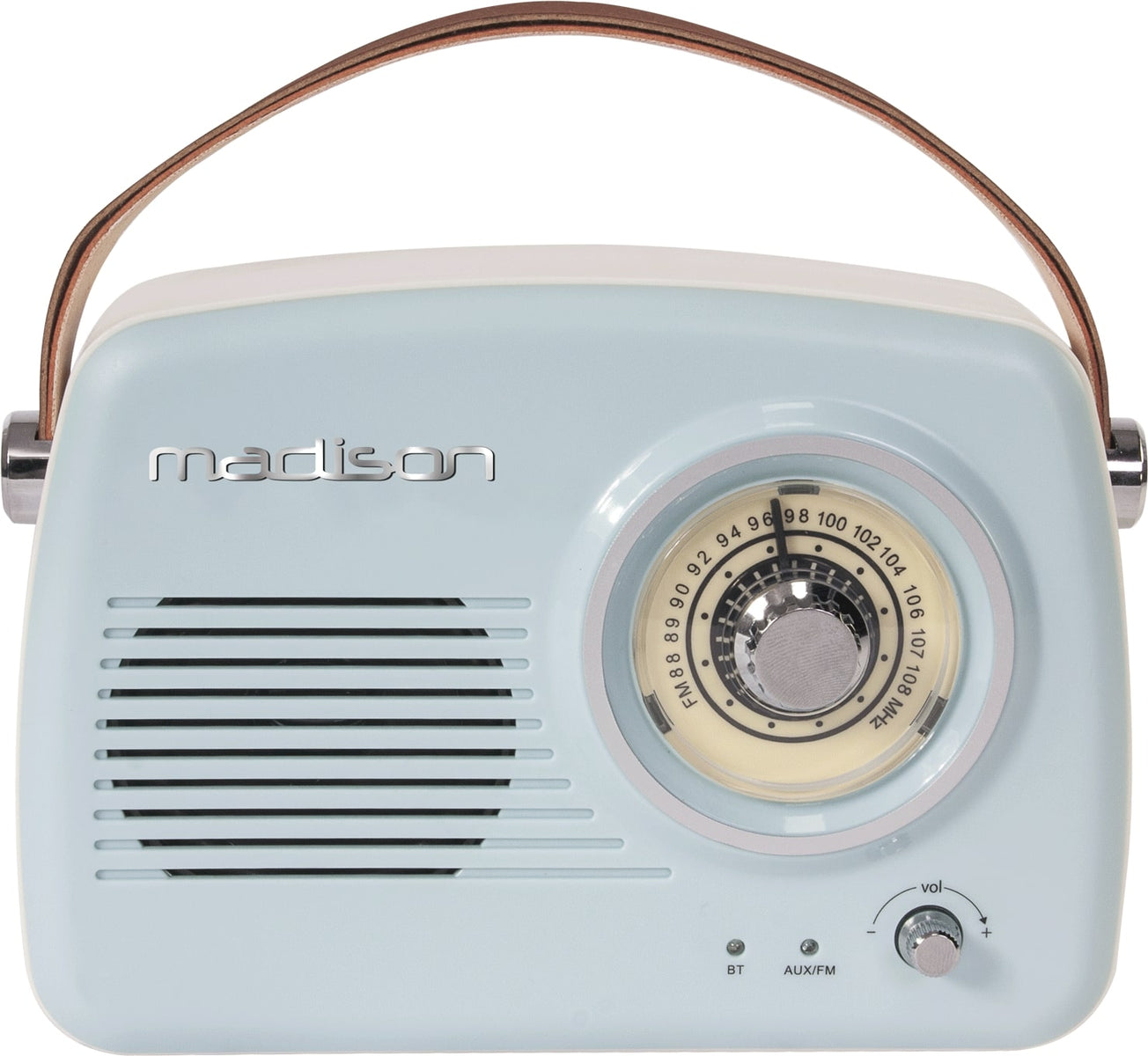 Una radio in stile retrò in azzurro con manico in pelle marrone. Ha un quadrante, un altoparlante e comandi con etichetta 'BT' e 'AUX/FM'.