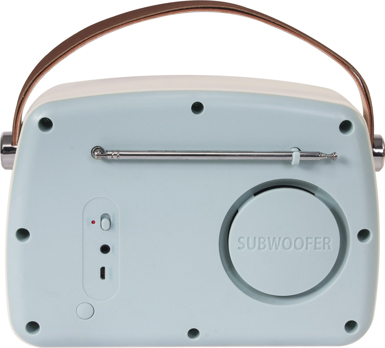 Una radio retrò azzurra e crema con manico in pelle marrone. Ha un subwoofer e un'antenna.