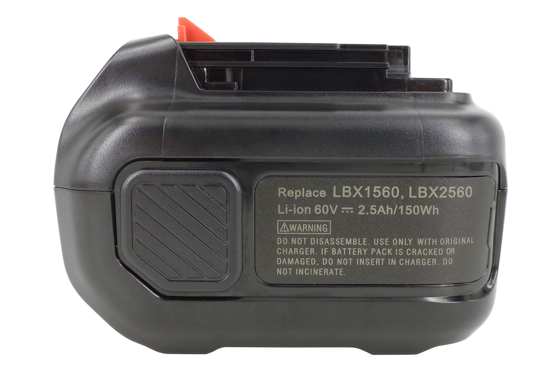 Ein schwarzer Akku für Elektrowerkzeuge mit orangefarbenem Entriegelungsknopf. Er hat ein Warnschild und Text, der besagt: Replace LBX1560, LBX2560.
