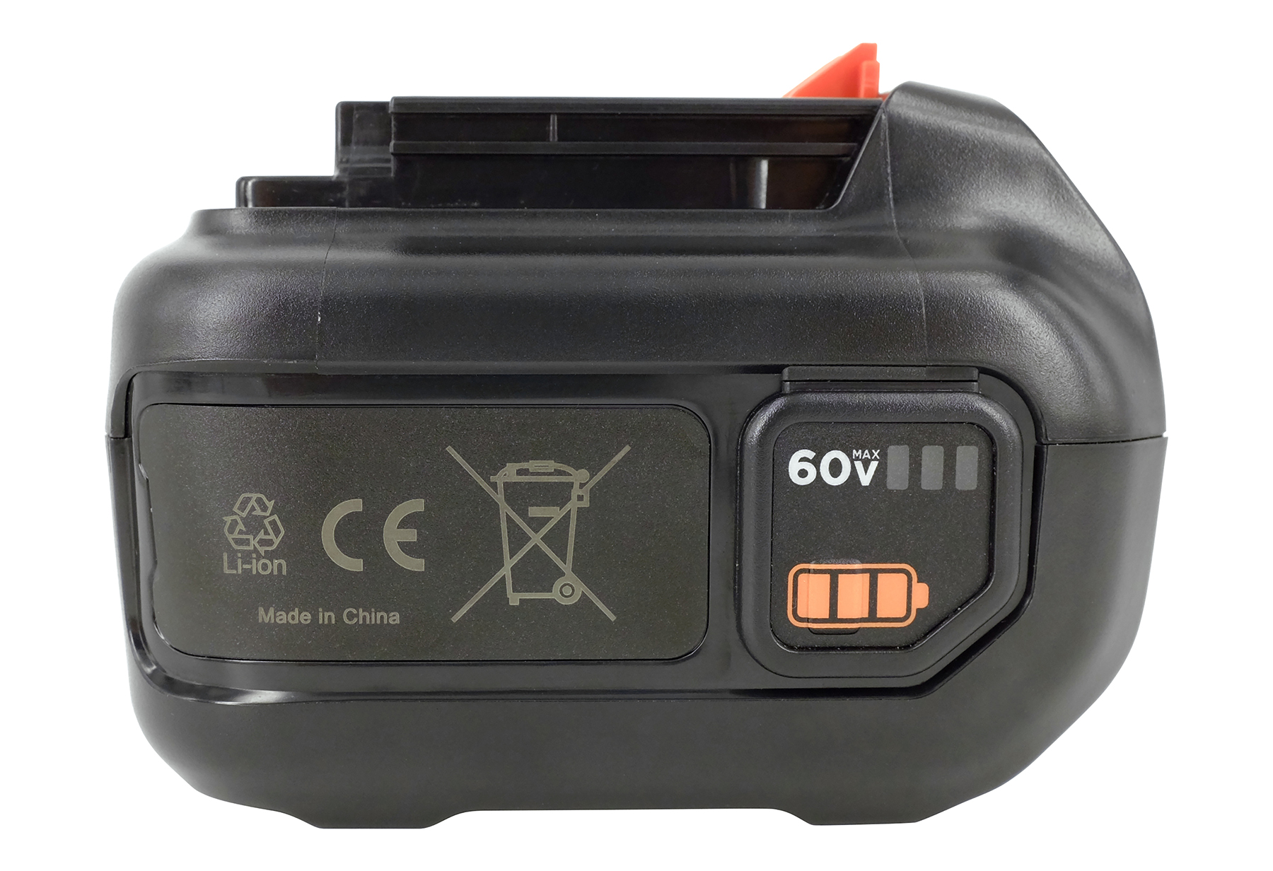 Schwarzer und orangefarbener Werkzeugakku. Mit 60V MAX-Anzeige, CE-Zeichen und Recycling-Symbolen. Hergestellt in China.