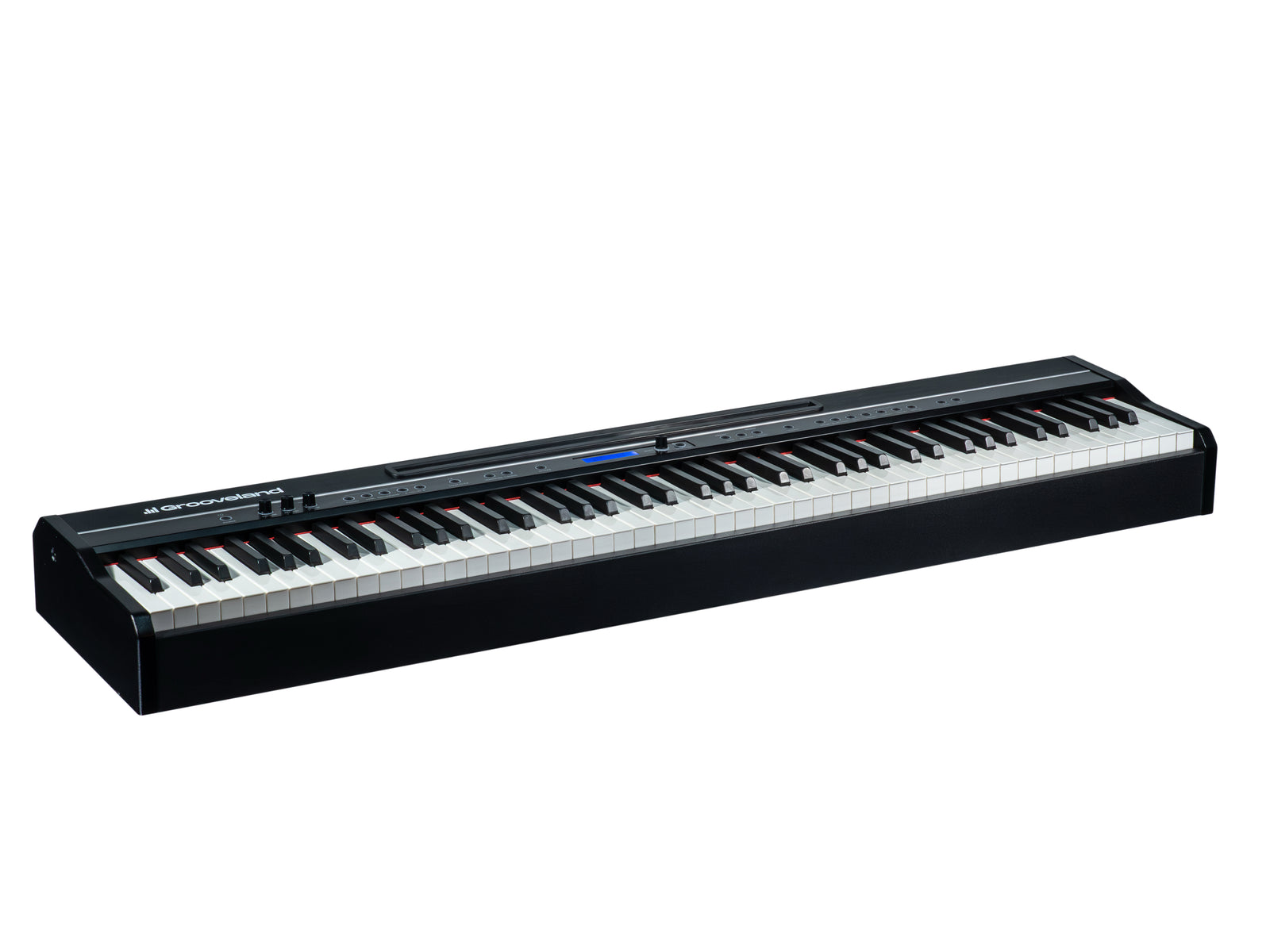 Ein schwarzes Digitalpiano mit weißen und schwarzen Tasten. Der Markenname ist links oben sichtbar.