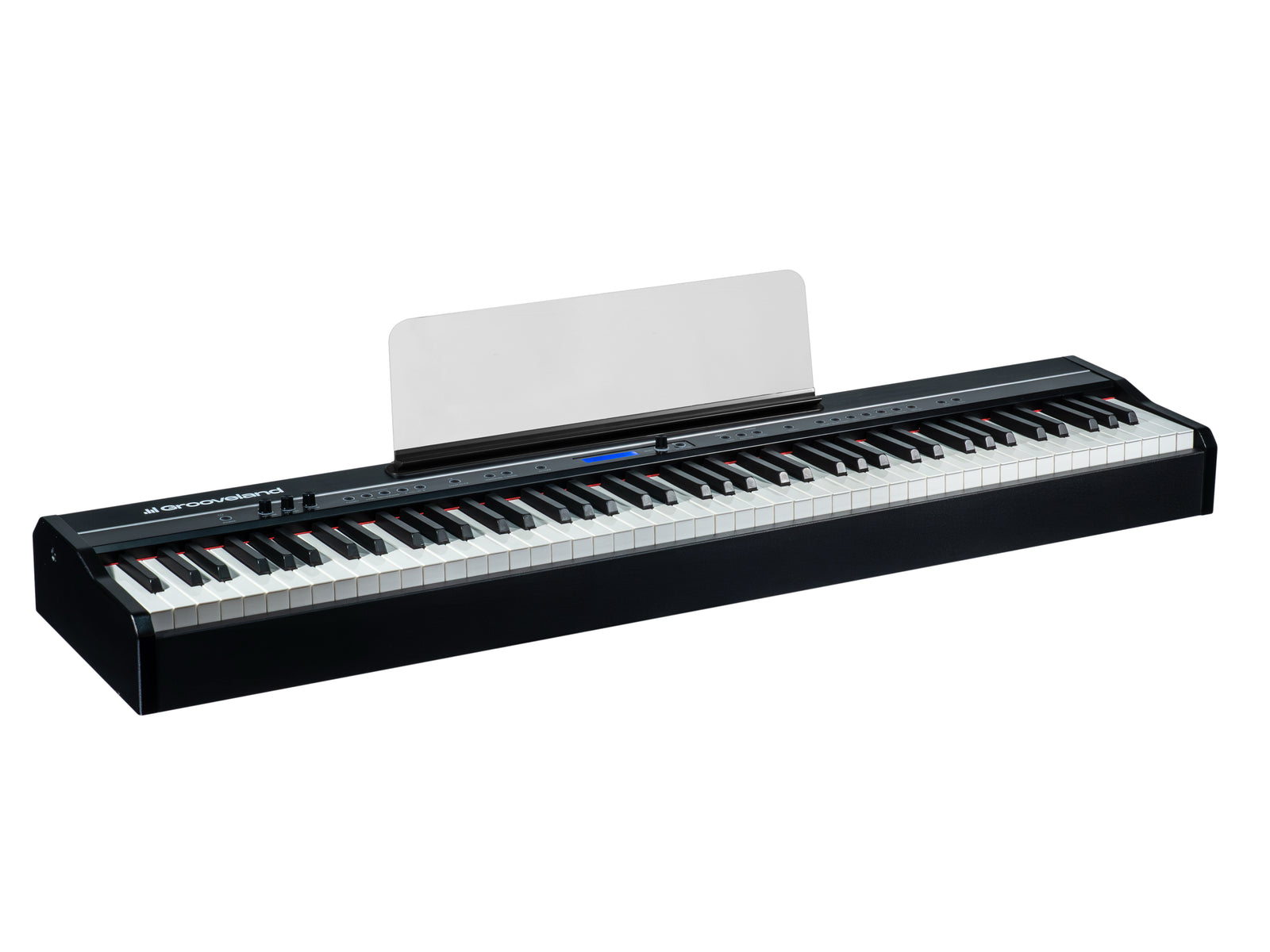 Ein schwarzes Digitalpiano mit weißen und schwarzen Tasten. Es hat einen Notenständer und einen Markennamen.