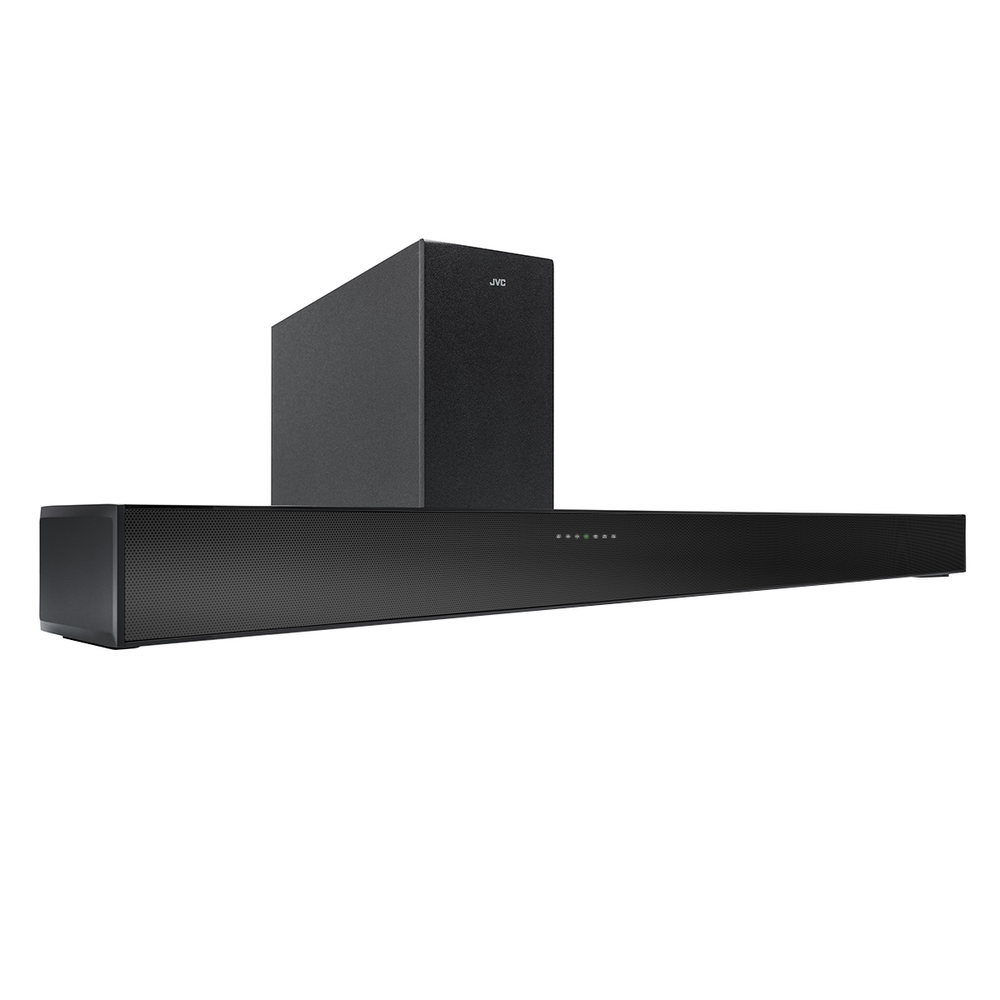 Czarny soundbar i subwoofer JVC na białym tle. Soundbar jest długi i prostokątny. Subwoofer jest pionowy.