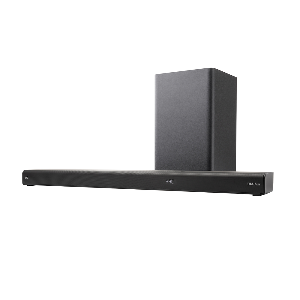 Czarny soundbar JVC z pasującym subwooferem na białym tle. Soundbar ma etykiety 'ARC' i 'Dolby Atmos'.