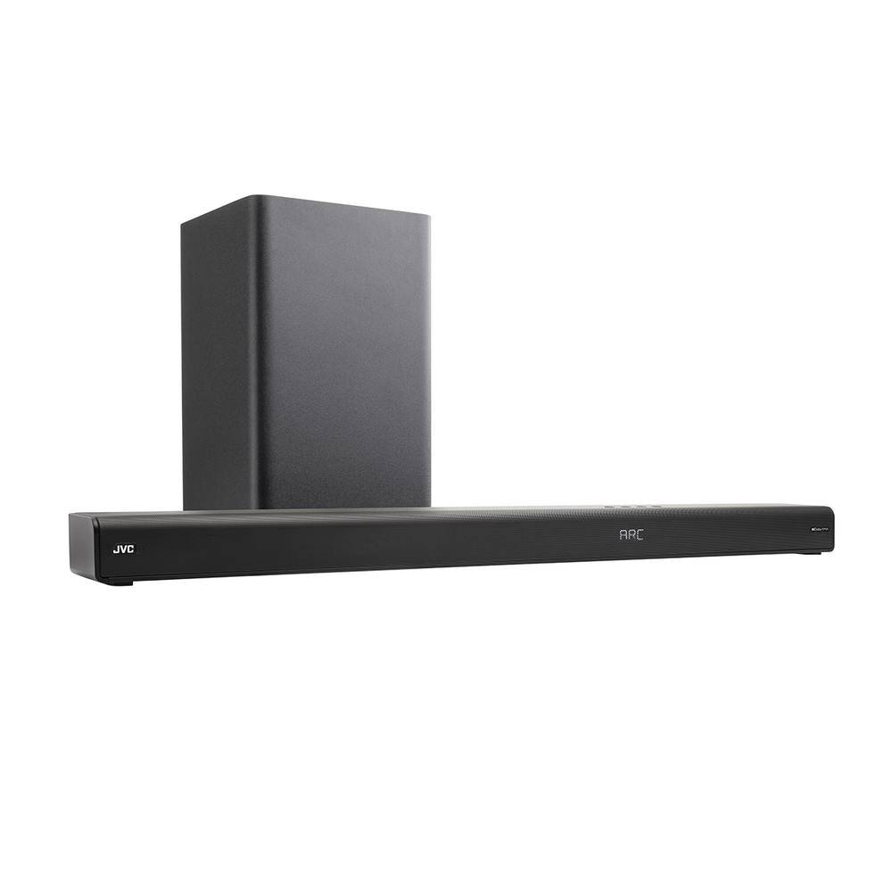Czarny soundbar JVC z subwooferem. Soundbar ma napis ARC. Tło jest białe.