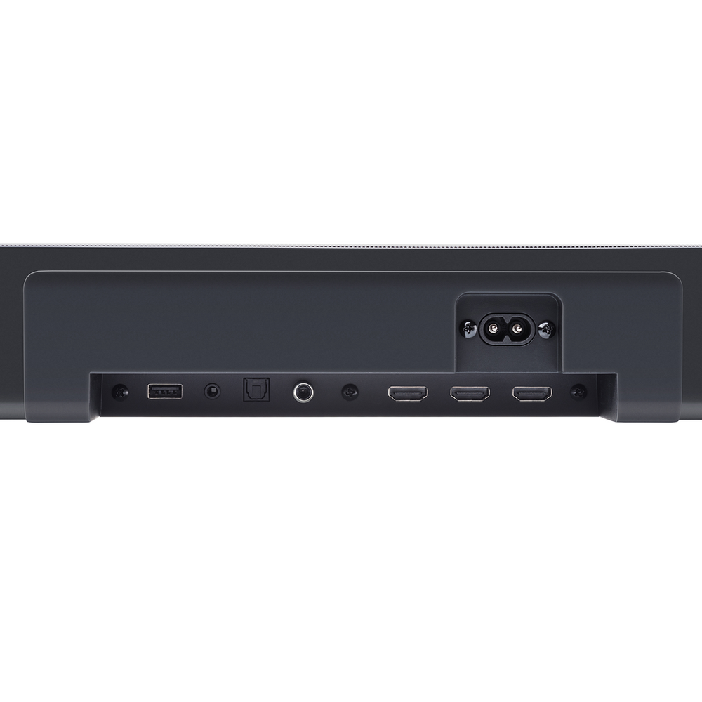 Widok z tyłu ciemnoszarego soundbara. Posiada różne porty: USB, optyczny, HDMI. Port zasilania po prawej. Tło jest białe.