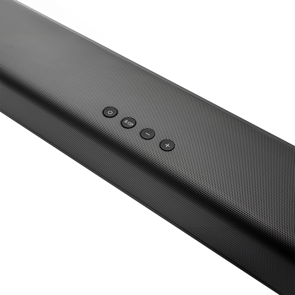 Zbliżenie czarnego soundbaru z przyciskami: zasilanie, Bluetooth, głośność w górę/w dół i wyciszenie. Soundbar ma teksturowaną powierzchnię.