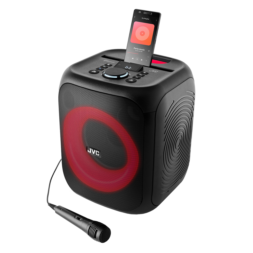 Czarny głośnik JVC z czerwonym światłem, telefonem i mikrofonem. Telefon jest w gnieździe na górze. Głośnik ma przyciski.