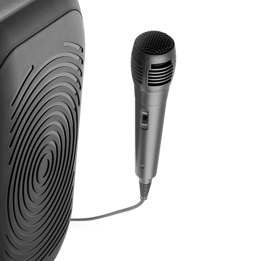 Szary mikrofon z czarną siatkową głowicą i włącznikiem/wyłącznikiem obok głośnika ze spiralnym wzorem.