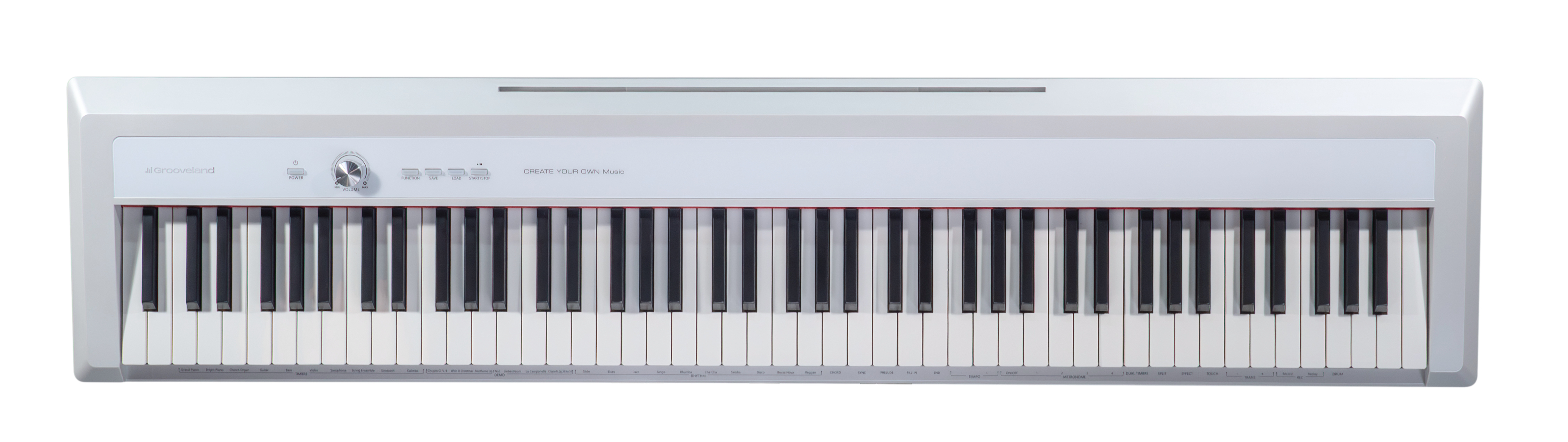 Ein weißes Digitalpiano mit schwarz-weißen Tasten. Es hat Knöpfe und einen Lautstärkeregler.