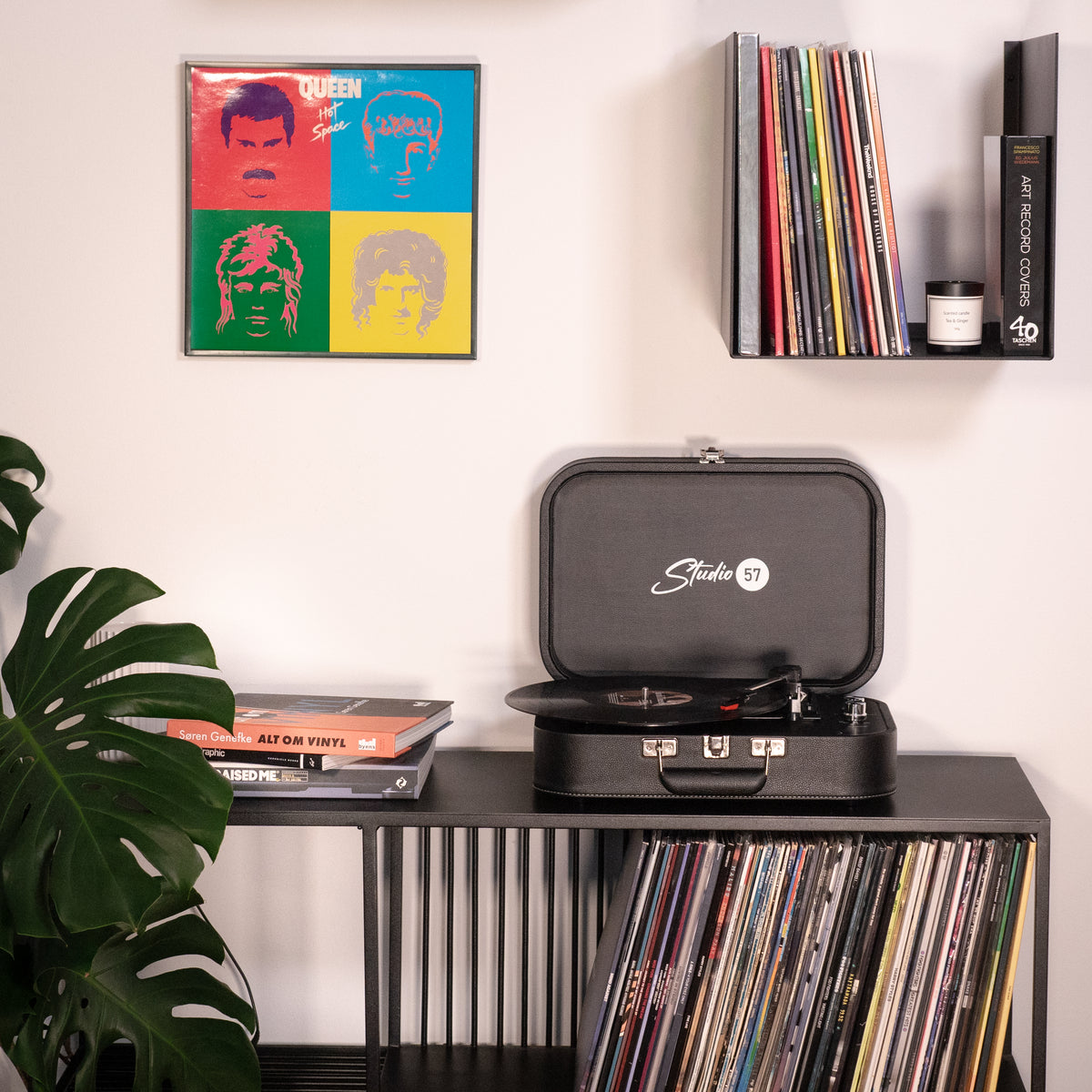 Ein Raum mit einem Queen-Album, Schallplatten, einem Plattenspieler, Büchern und einer Pflanze. Das Farbschema ist Schwarz, Weiß und verschiedene Schallplattencover.