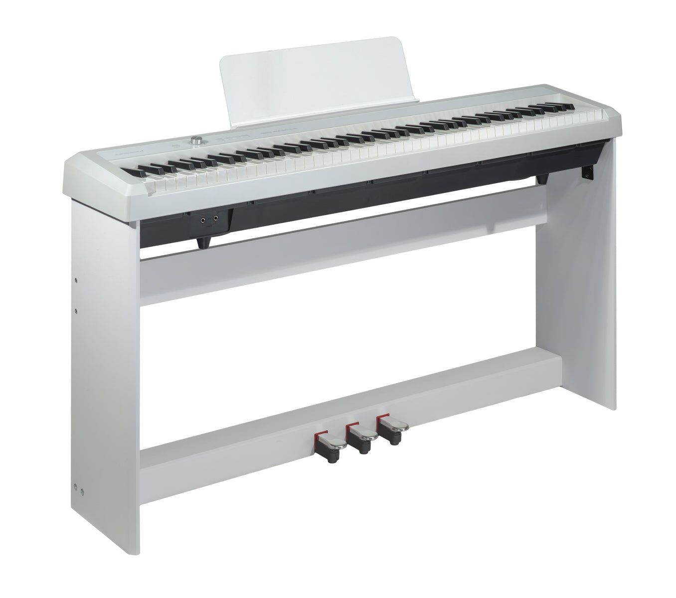 Ein weißes Digitalpiano mit schwarzen und weißen Tasten. Es hat einen Notenständer, drei Pedale und steht auf einem passenden weißen Ständer.
