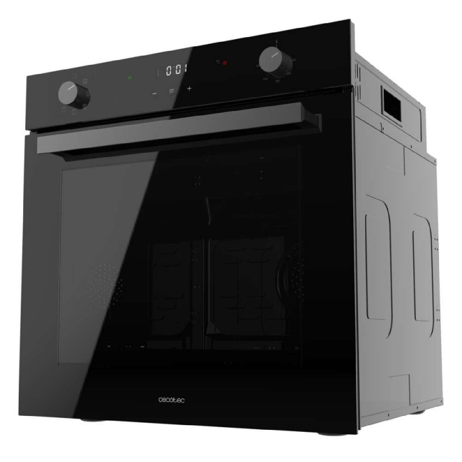 Un horno negro moderno con puerta de cristal. Tiene pantalla digital y mandos giratorios. El horno está sobre un fondo blanco.