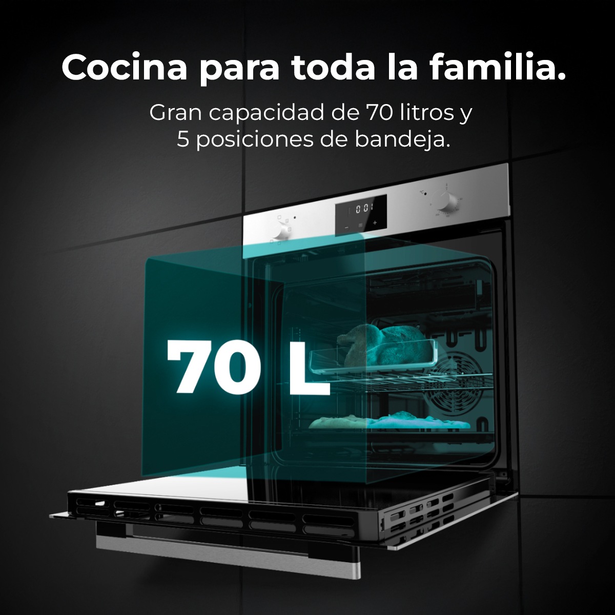 Un horno con la puerta abierta, mostrando el interior. El texto dice 'Cocina para toda la familia' y '70 L'.