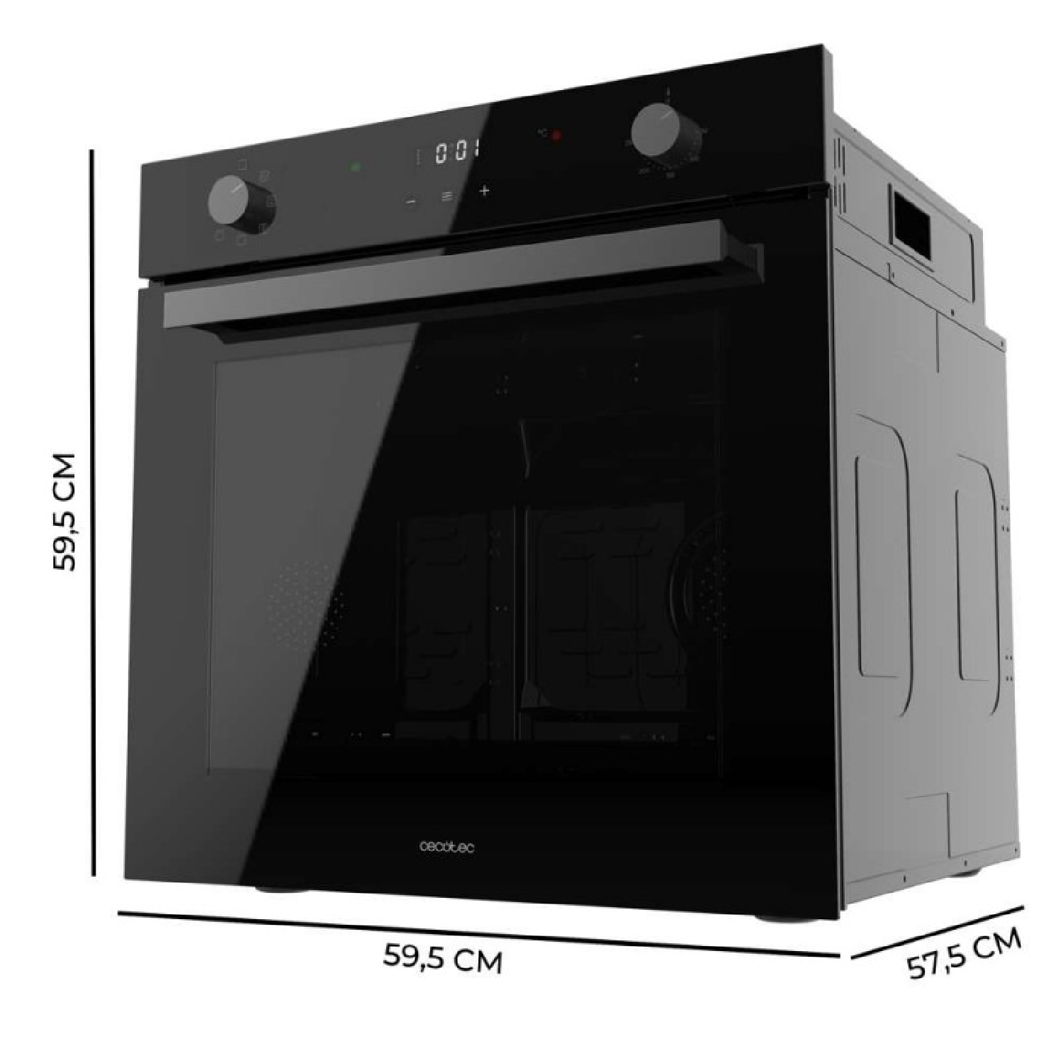 Un horno negro con puerta de vidrio, mandos y pantalla digital. Dimensiones: 59,5 cm x 59,5 cm x 57,5 cm.