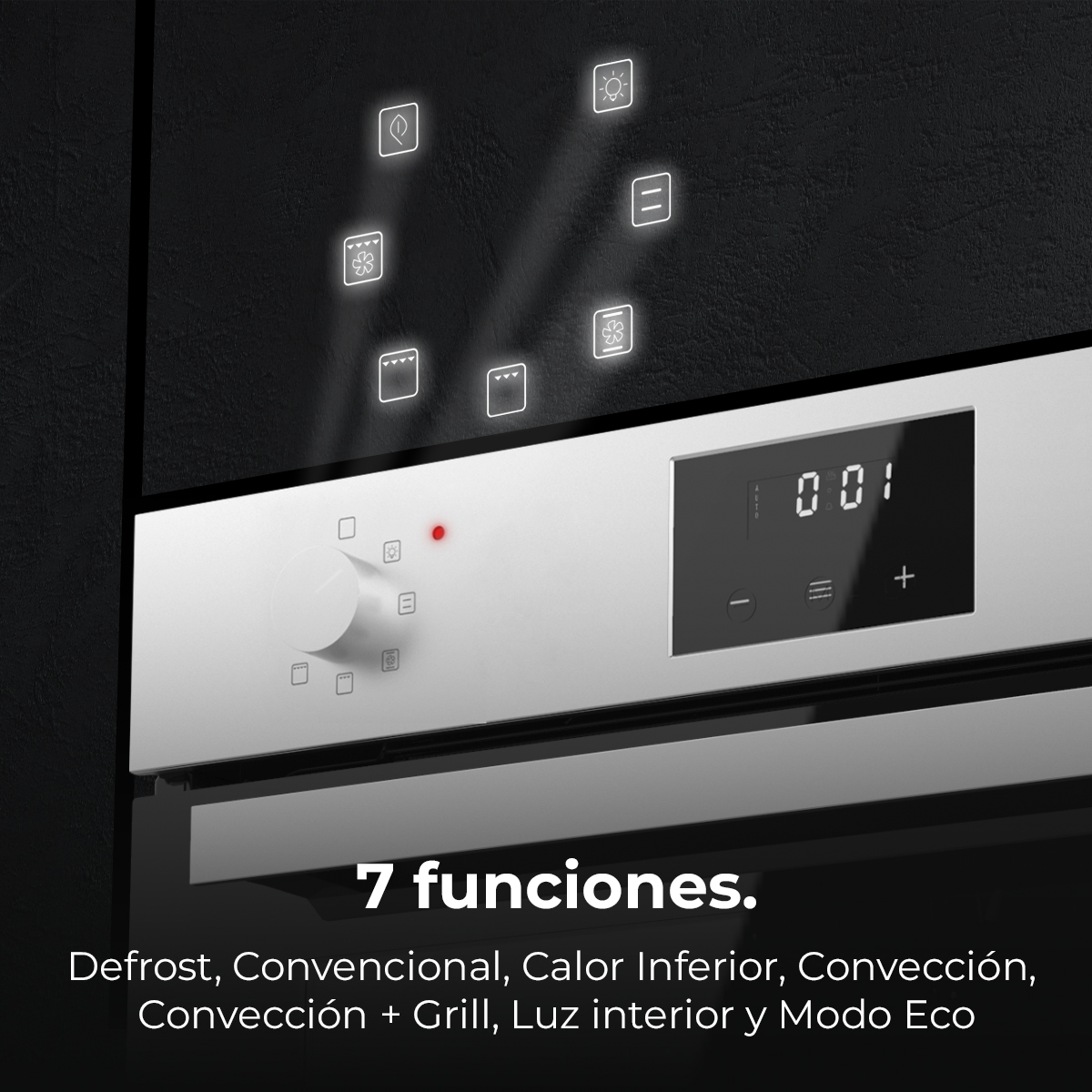 Panel de control del horno con botones y pantalla. Funciones: descongelar, convección, grill y modo eco.