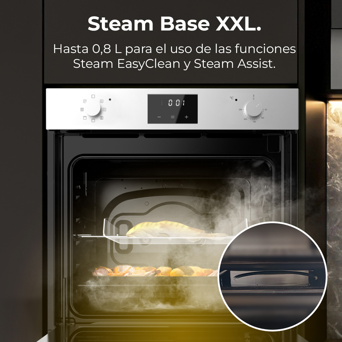 Un horno con comida dentro, al vapor. La pantalla muestra '1001'. El texto superior dice 'Steam Base XXL.'