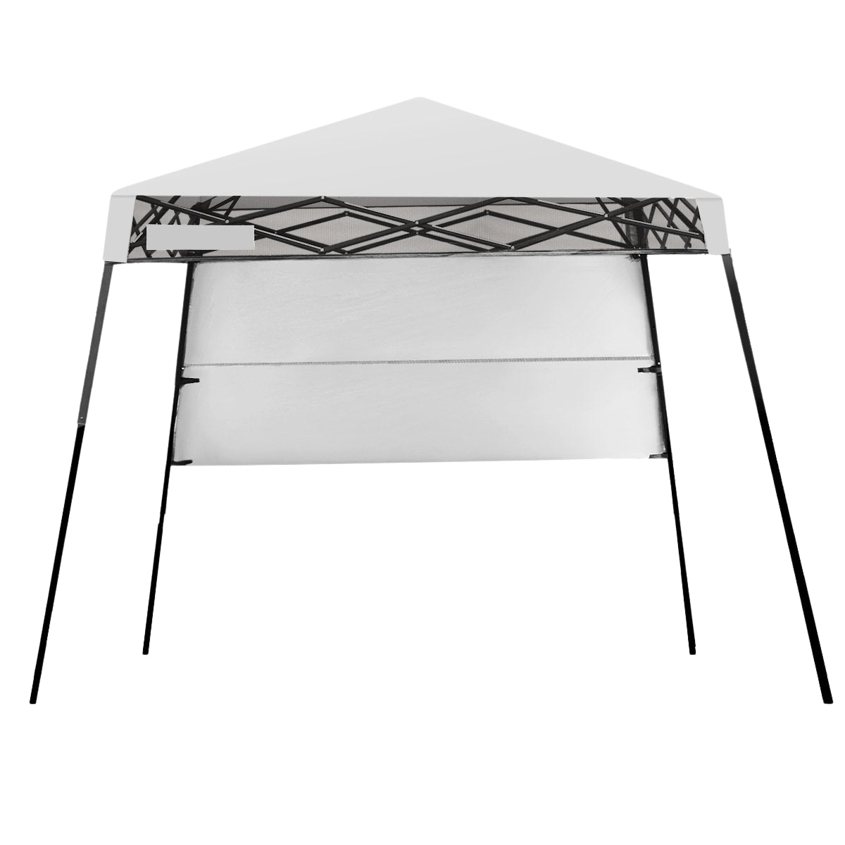 Una carpa blanca emergente con estructura y patas de metal negro. La carpa tiene una parte superior blanca y un lateral rectangular blanco.