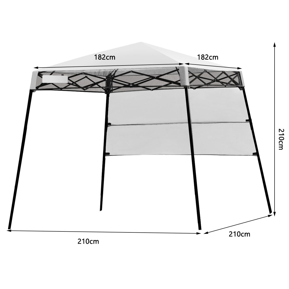 Una carpa desplegable blanca con marco negro. Las dimensiones son 210cm x 210cm x 210cm. La parte superior mide 182cm.