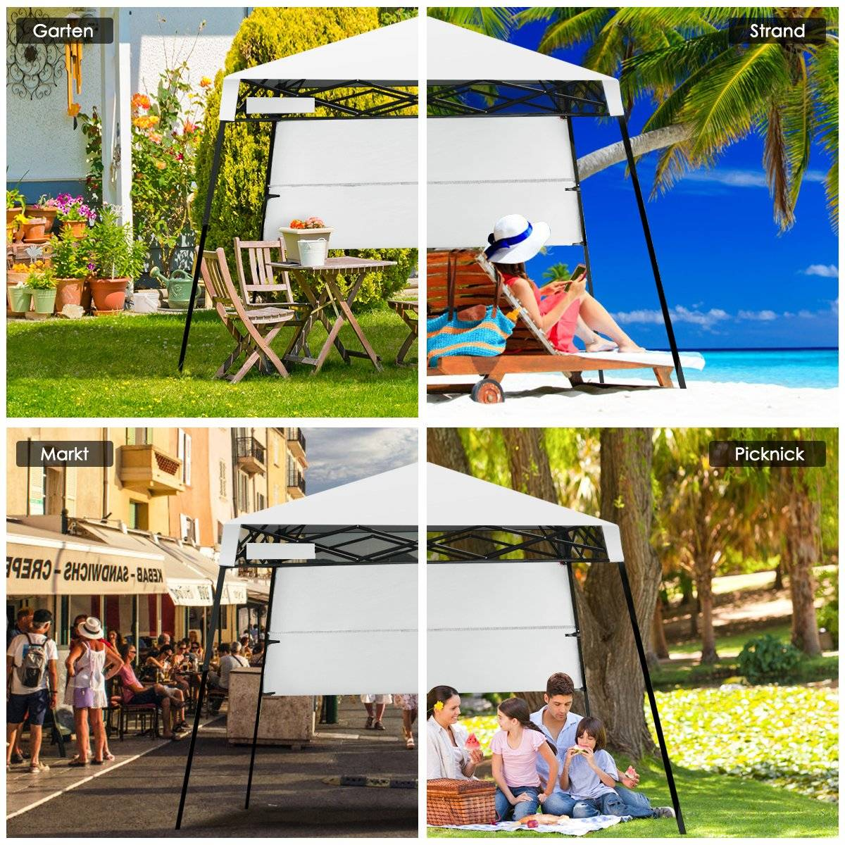 Cuatro escenas: jardín con mesa, playa con persona, mercado con gente, picnic con familia, todas con una carpa blanca.
