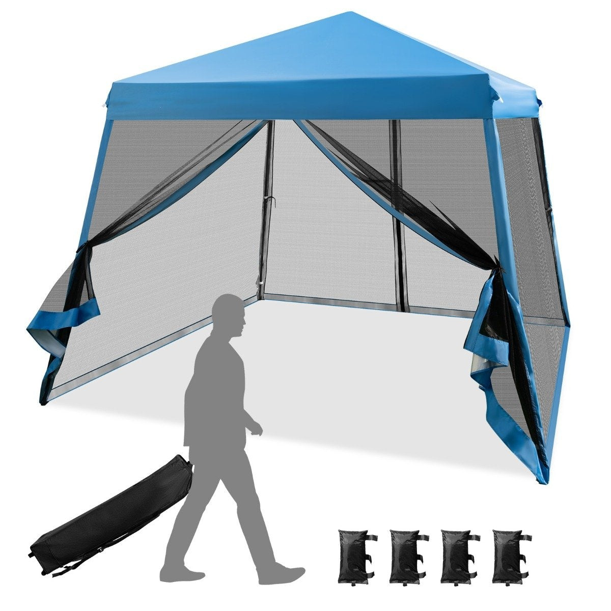 Toldo azul con laterales de malla negra. Una silueta de persona camina con una bolsa de transporte negra. Cuatro pesas negras abajo.