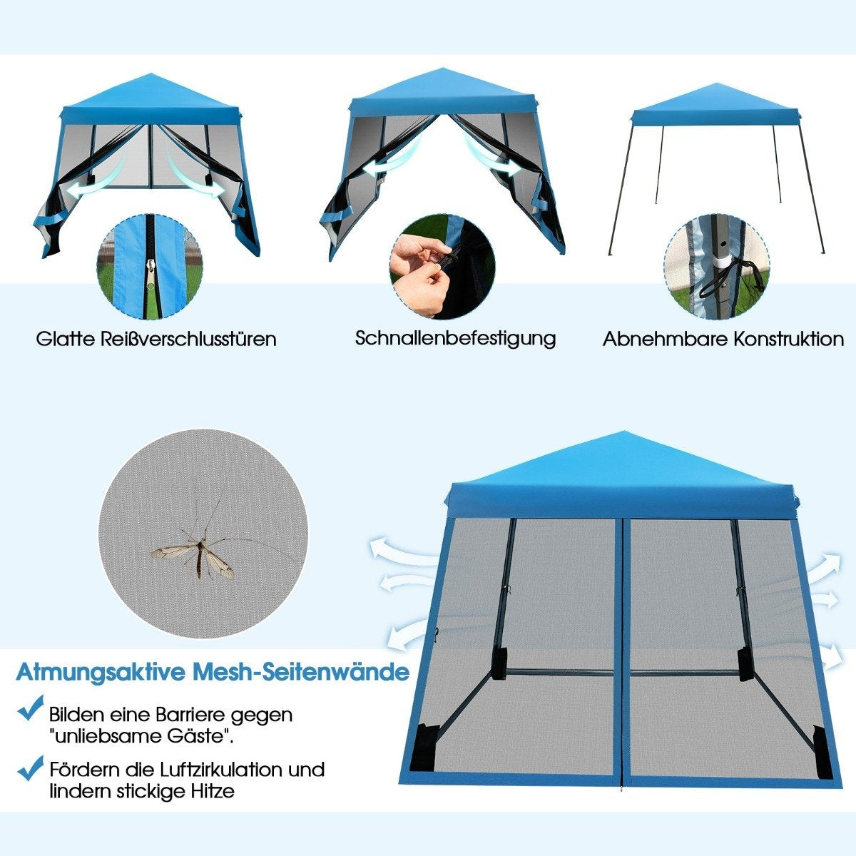 Se muestra una carpa azul con lados de malla. Primeros planos muestran cremalleras, hebillas y construcción desmontable. El texto describe beneficios.