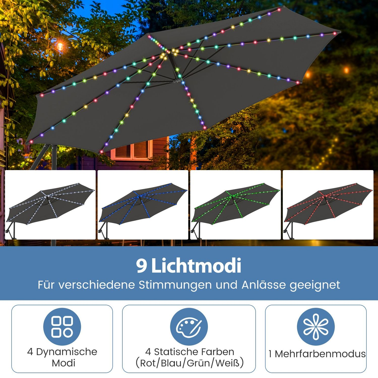 Una sombrilla negra con luces de colores. Debajo, hay ilustraciones de modos de iluminación y texto en alemán.