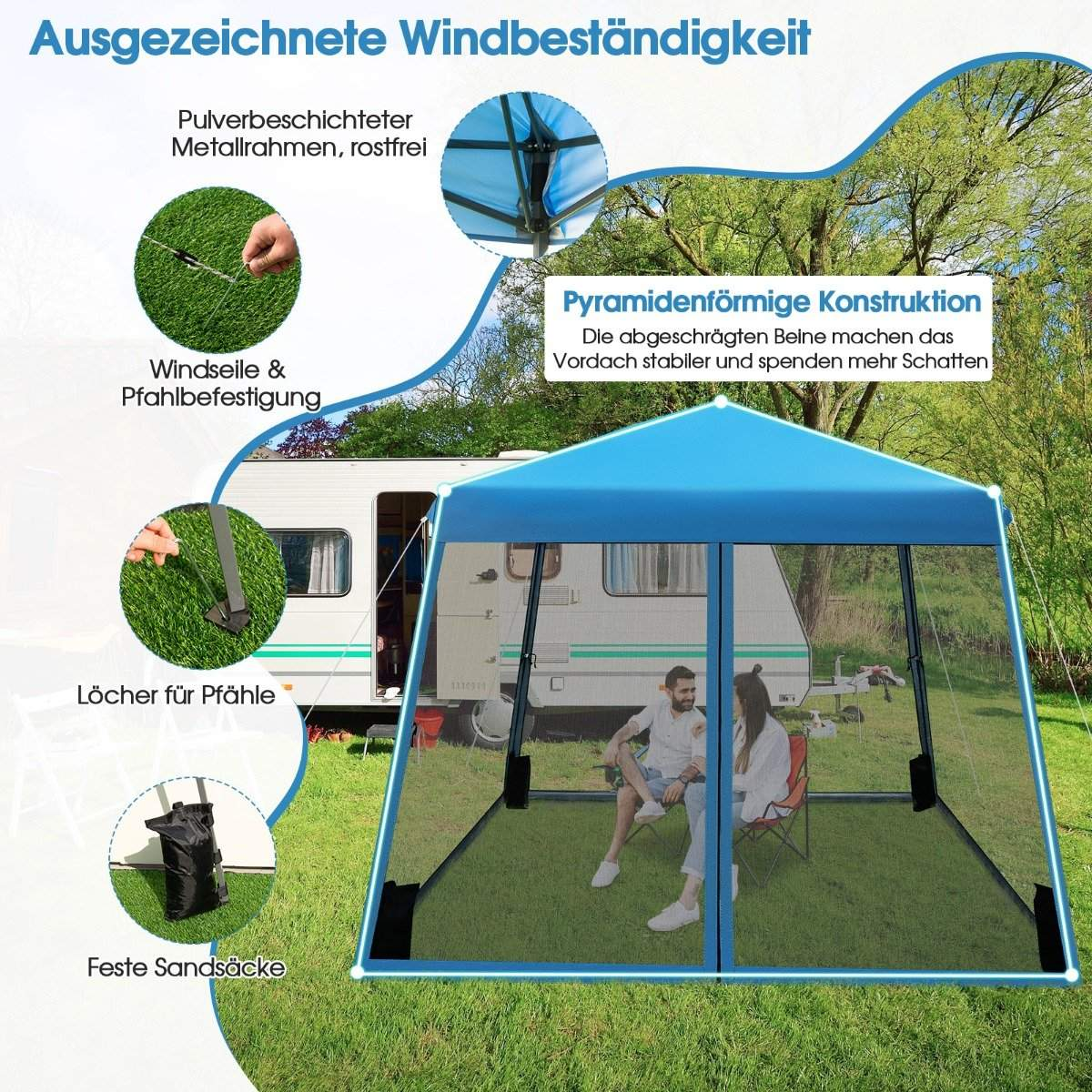 Una carpa azul con lados de malla. Una pareja está sentada dentro. Diagramas muestran resistencia al viento.