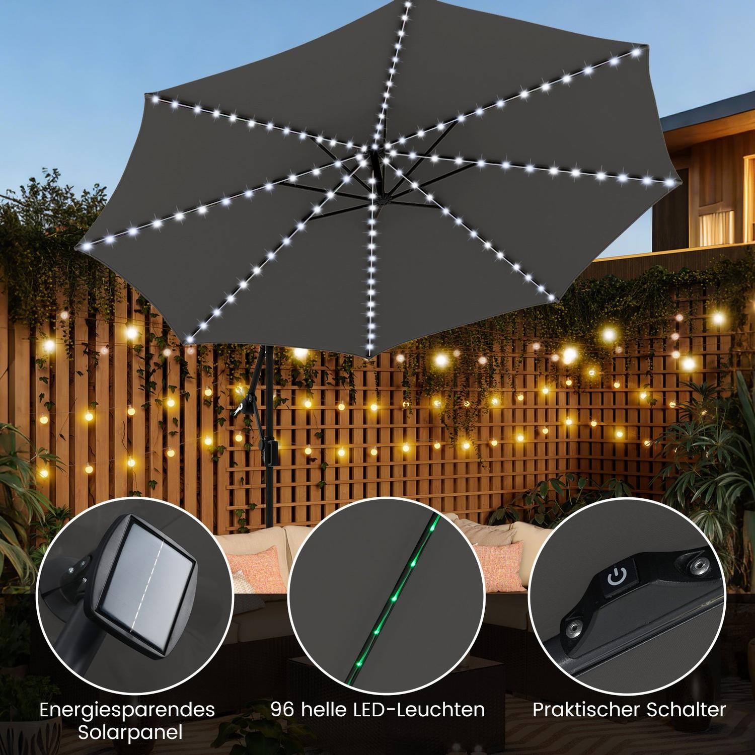 Una sombrilla gris con luces LED blancas. Tiene un panel solar, 96 luces LED y un interruptor de encendido. Fondo: valla de madera y luces.