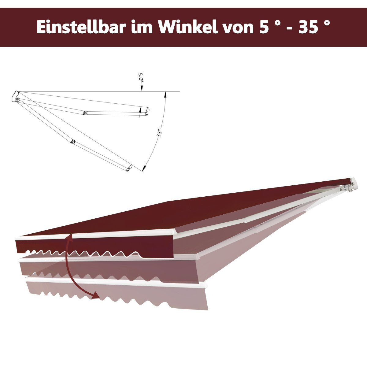 Diagrama de un toldo ajustable. El texto superior muestra que es ajustable de 5 a 35 grados. El toldo es de color borgoña.