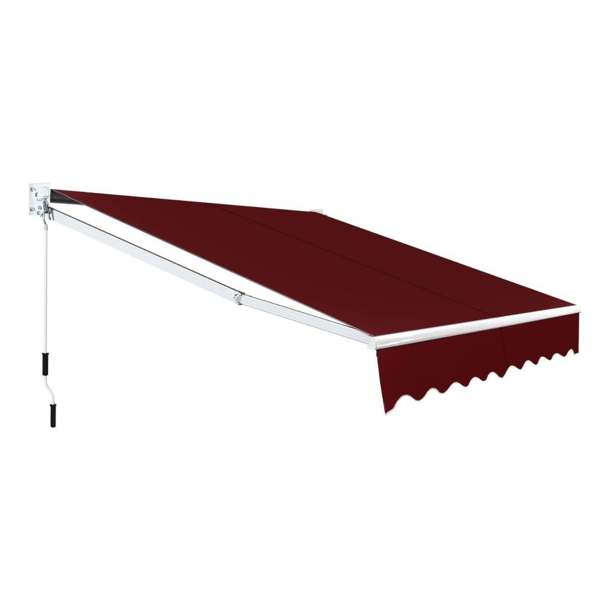Un toldo retráctil granate con estructura de soporte blanca está extendido. Cuelga una manivela. El fondo es blanco.