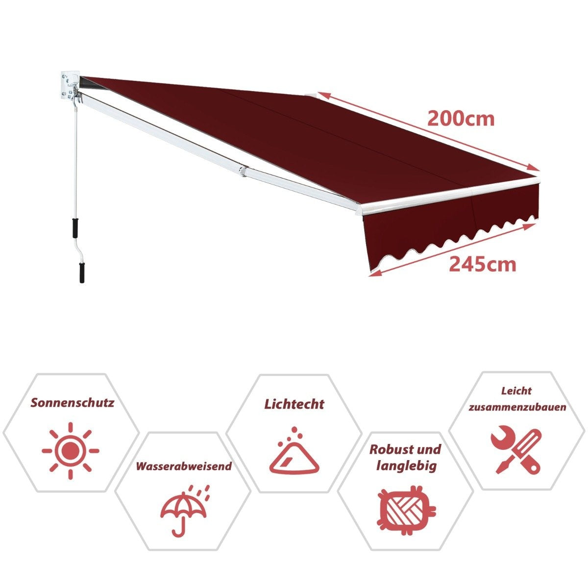 Toldo retráctil granate de 200cm x 245cm. Textos: 'Protección solar', 'Resistente a la luz', 'Repelente al agua'.