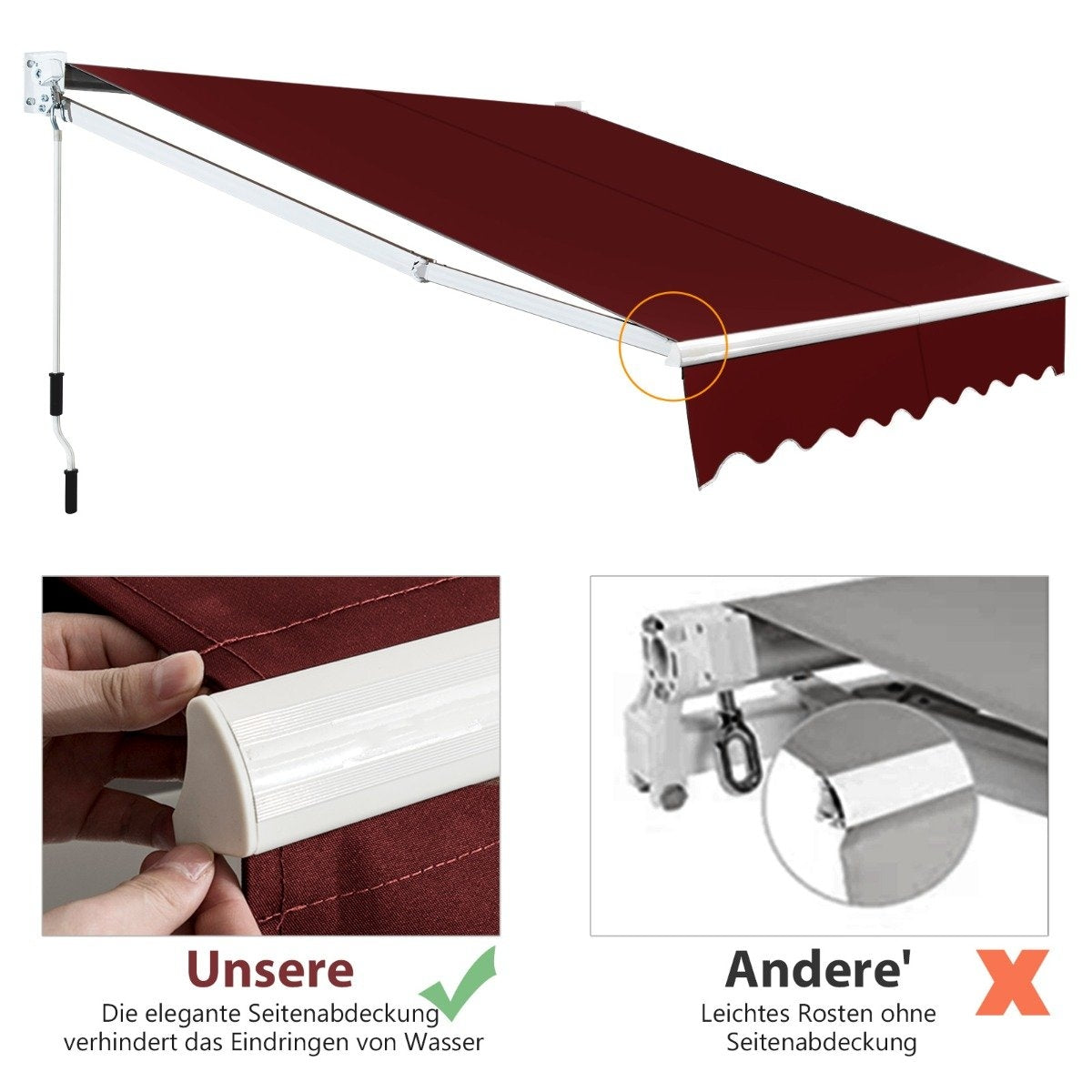 Un toldo granate con estructura metálica blanca. Abajo, un primer plano muestra una cubierta lateral blanca, etiquetada "Unsere". Una comparación muestra "Andere".