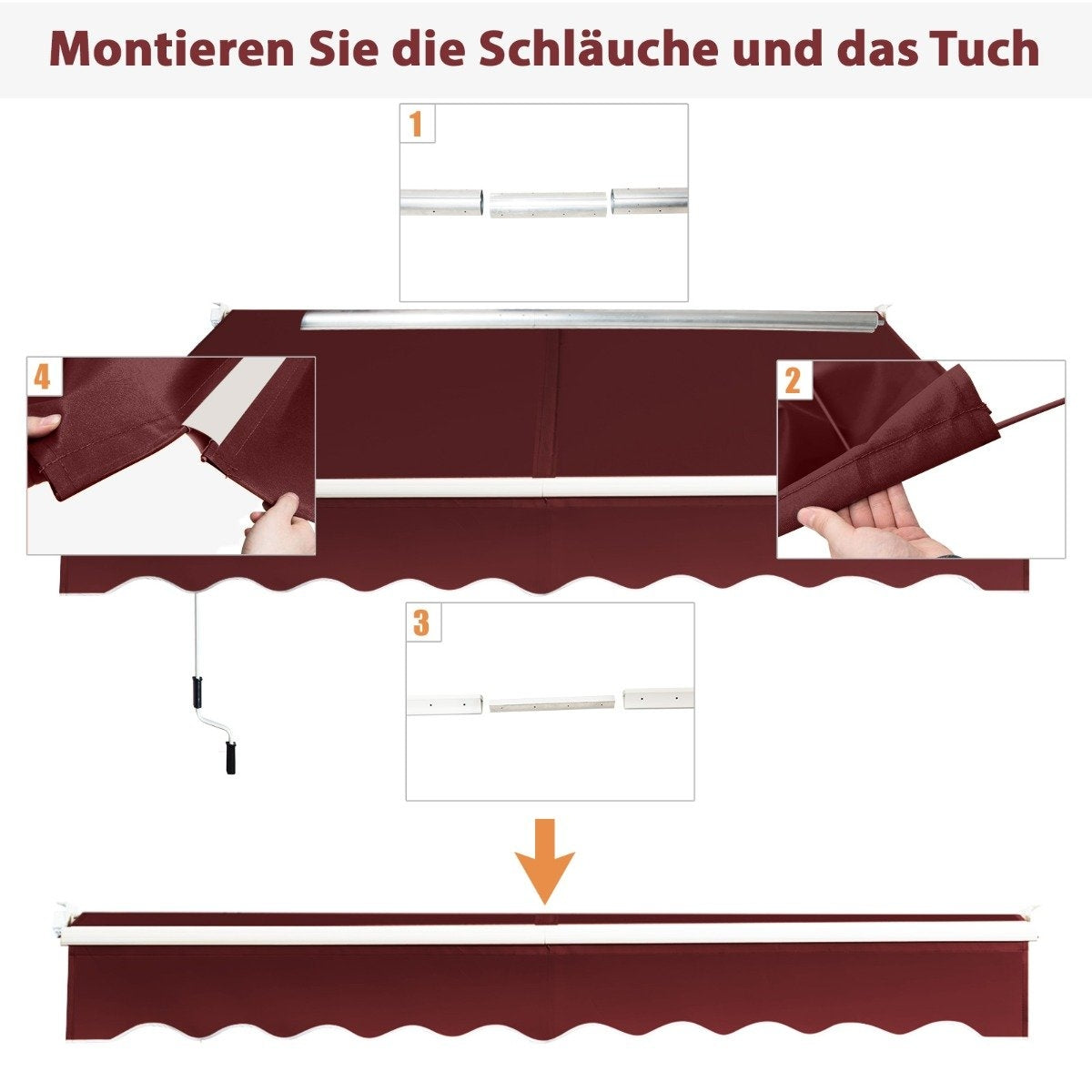 Instrucciones de montaje de un toldo burdeos. Los pasos 1-4 muestran detalles, una flecha indica el montaje final.