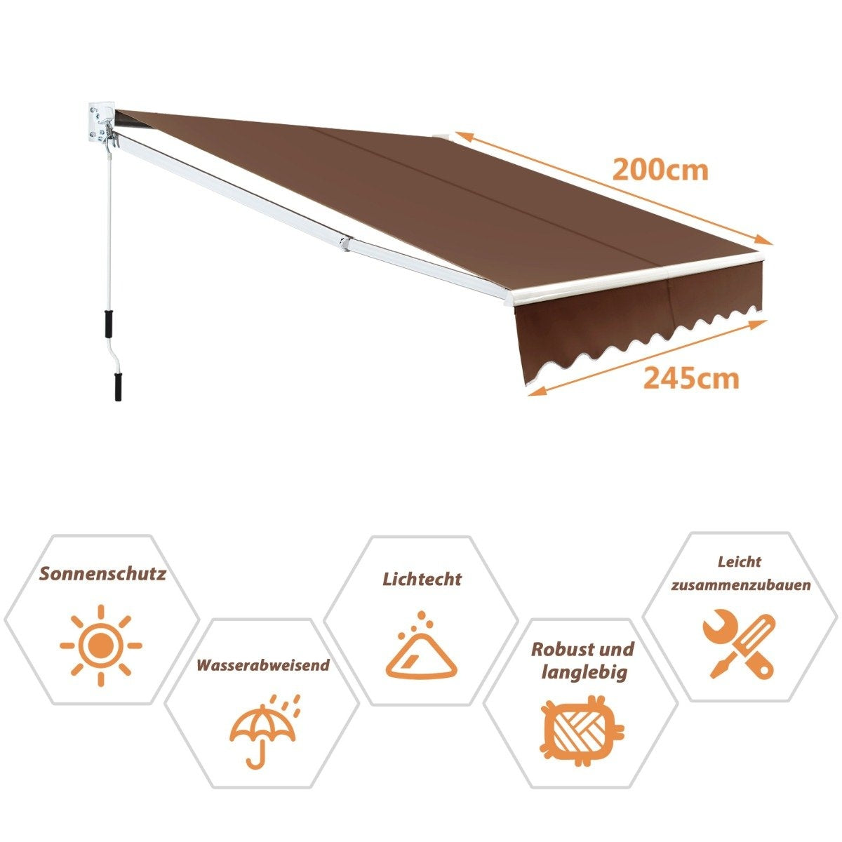 Un toldo marrón con soporte blanco. Dimensiones: 200cm x 245cm. Características: protección solar, resistente a la luz, impermeable, robusto, fácil de montar.