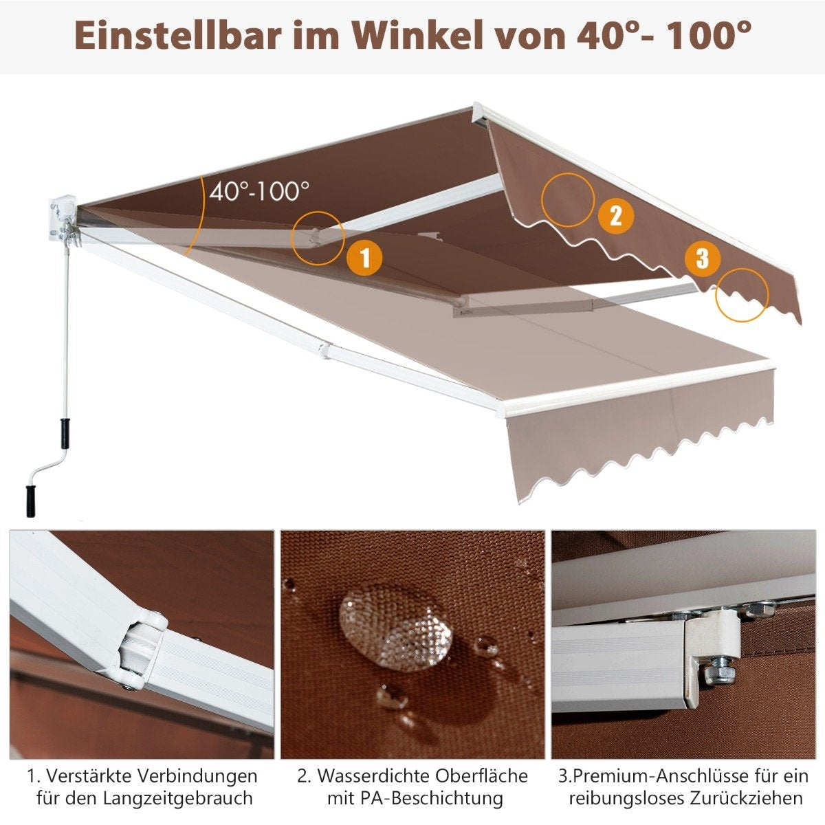 Un toldo ajustable marrón y beige. Muestra conexiones reforzadas, superficie impermeable y características premium de retorno suave.