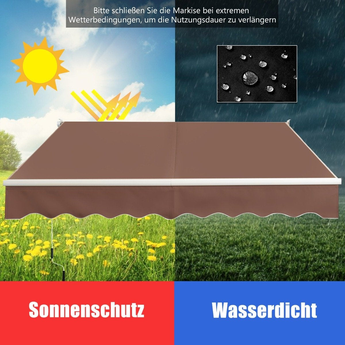 La imagen muestra un toldo marrón con sol y lluvia. El texto explica cerrar el toldo en clima extremo para alargar su vida útil.