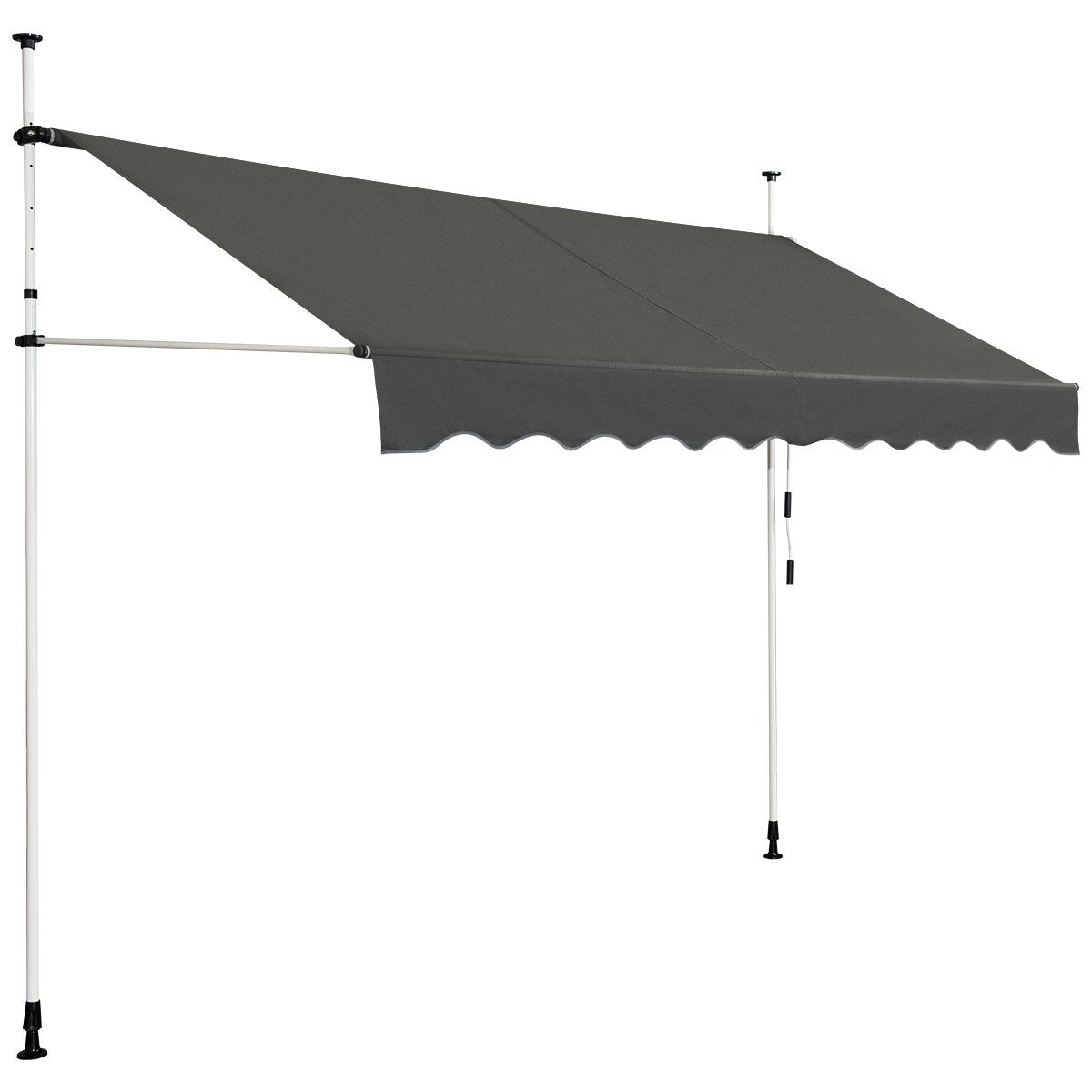 Un toldo retráctil gris con postes de soporte blancos se muestra sobre un fondo blanco.