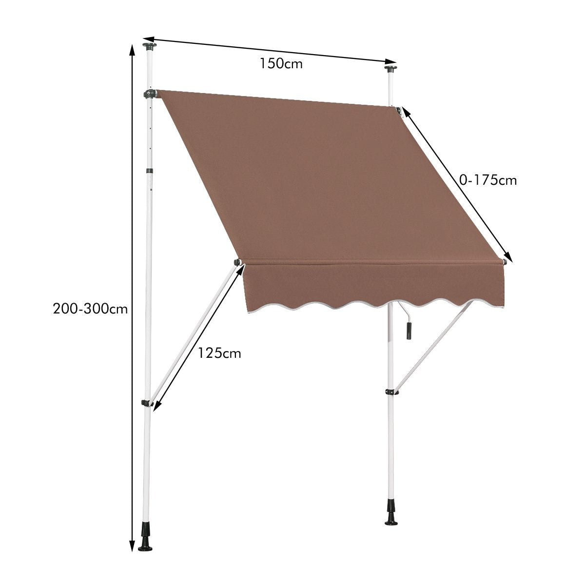Un toldo marrón con postes de soporte blancos. Dimensiones etiquetadas: 150 cm, 0-175 cm, 125 cm y 200-300 cm.