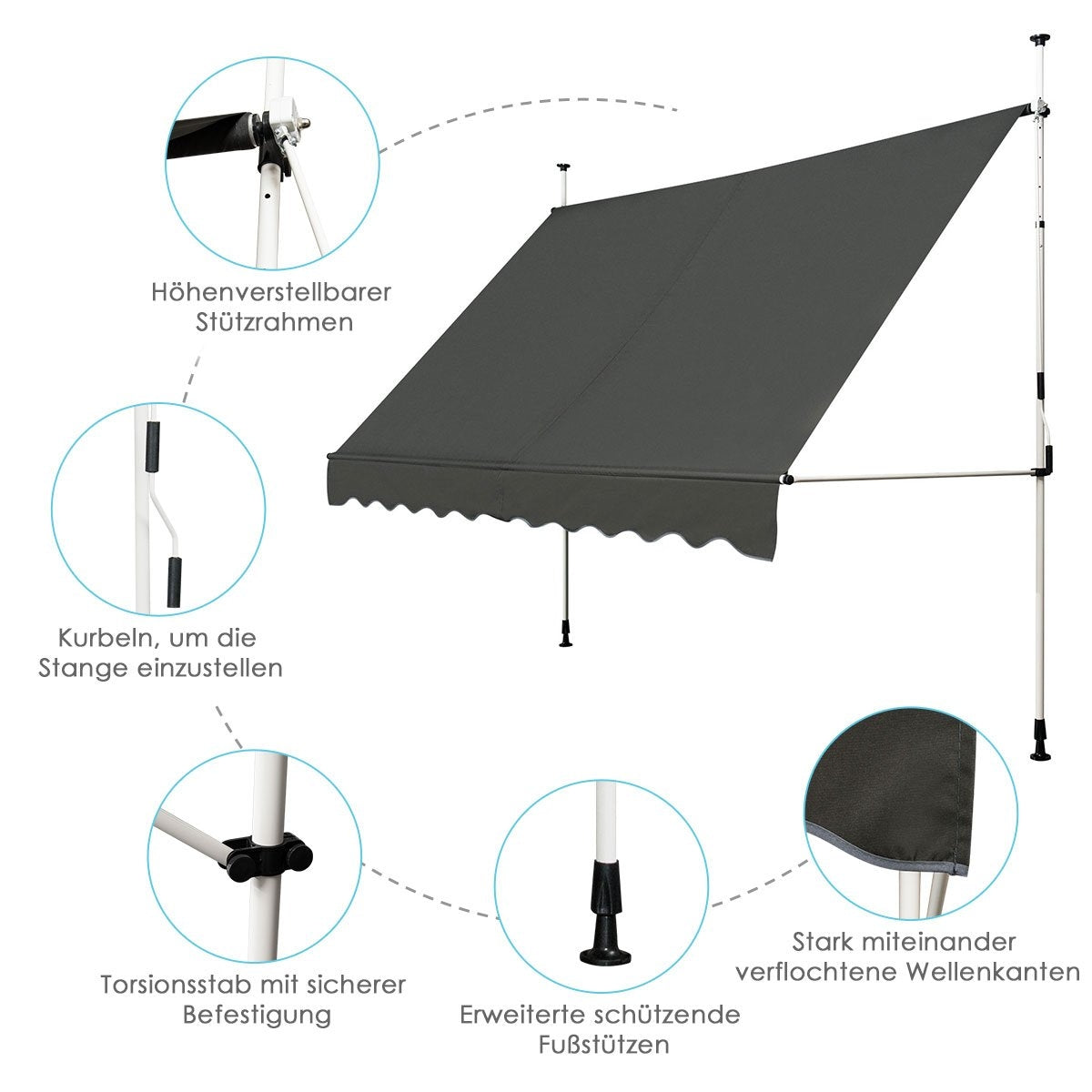Un toldo gris para exteriores con postes de soporte blancos. Detalles incluyen marco ajustable, manivela, barra de torsión y pies protectores.